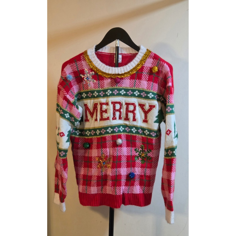 Holiday Time Embellished Sweater Women's Size Small (4-6) Tinsel Pom Pom Merry